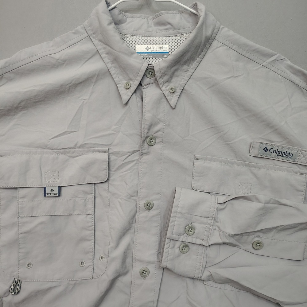 Columbia Fishing Shirt Mens Large Grey PFG Bahama II Solid Tactel Nylon